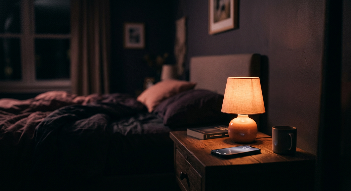Photographie d'ambiance d'une lampe de chevet allumée dans une pièce sombre, tard le soir